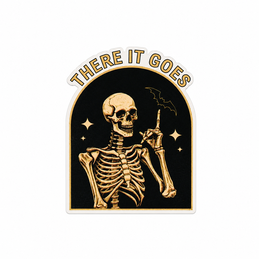 THERE IT GOES plastic add-on featuring a vintage skeleton with a gothic spooky design, compatible with interchangeable badge reel bases and perfect for dark humor lovers