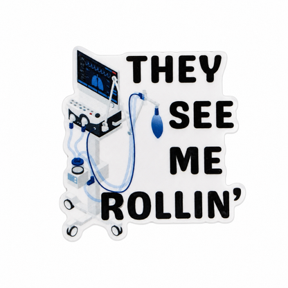 They See Me Rollin' plastic add-on featuring respiratory therapy equipment, compatible with interchangeable badge reel bases for respiratory therapists, RTs, and RRTs.