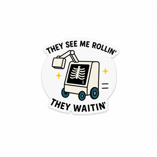 They See Me Rollin They Waitin plastic add-on featuring a cute portable X-ray machine design for compatible interchangeable badge reel bases