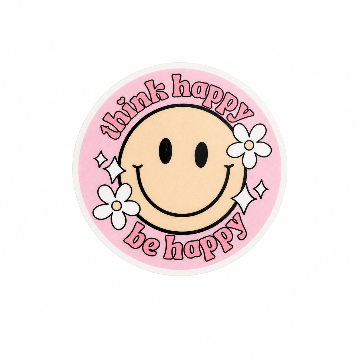 Think Happy Be Happy plastic add-on with smiley face, daisies, and pink background, positive vibes accessory compatible with interchangeable badge reel bases.