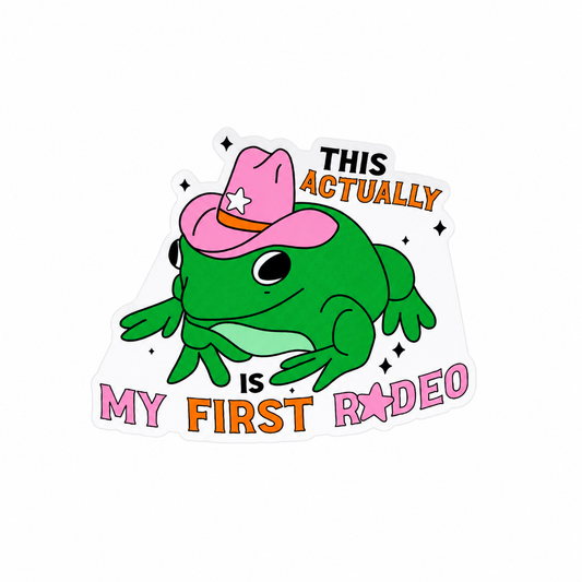 This Actually Is My First Rodeo frog plastic add-on featuring a green frog wearing a pink cowboy hat, compatible with interchangeable badge reel bases, funny western accessory