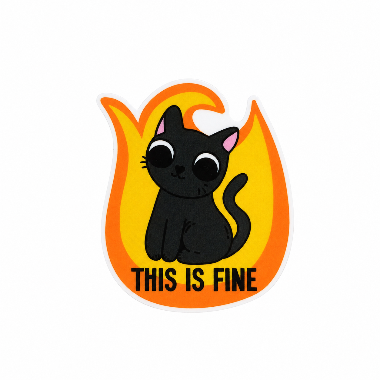 THIS IS FINE plastic add-on featuring a cute black cat sitting inside a flame, compatible with interchangeable badge reel bases, funny cat lover accessory