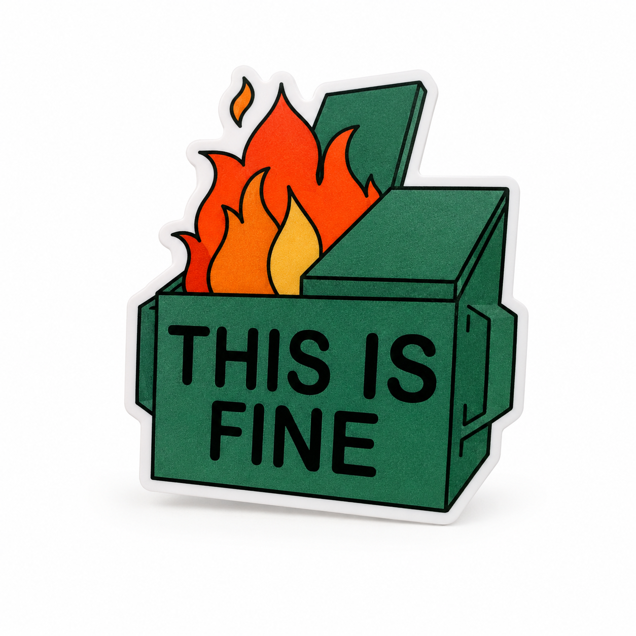 THIS IS FINE plastic add-on featuring a green dumpster on fire, compatible with interchangeable badge reel bases, funny sarcastic work badge accessory.