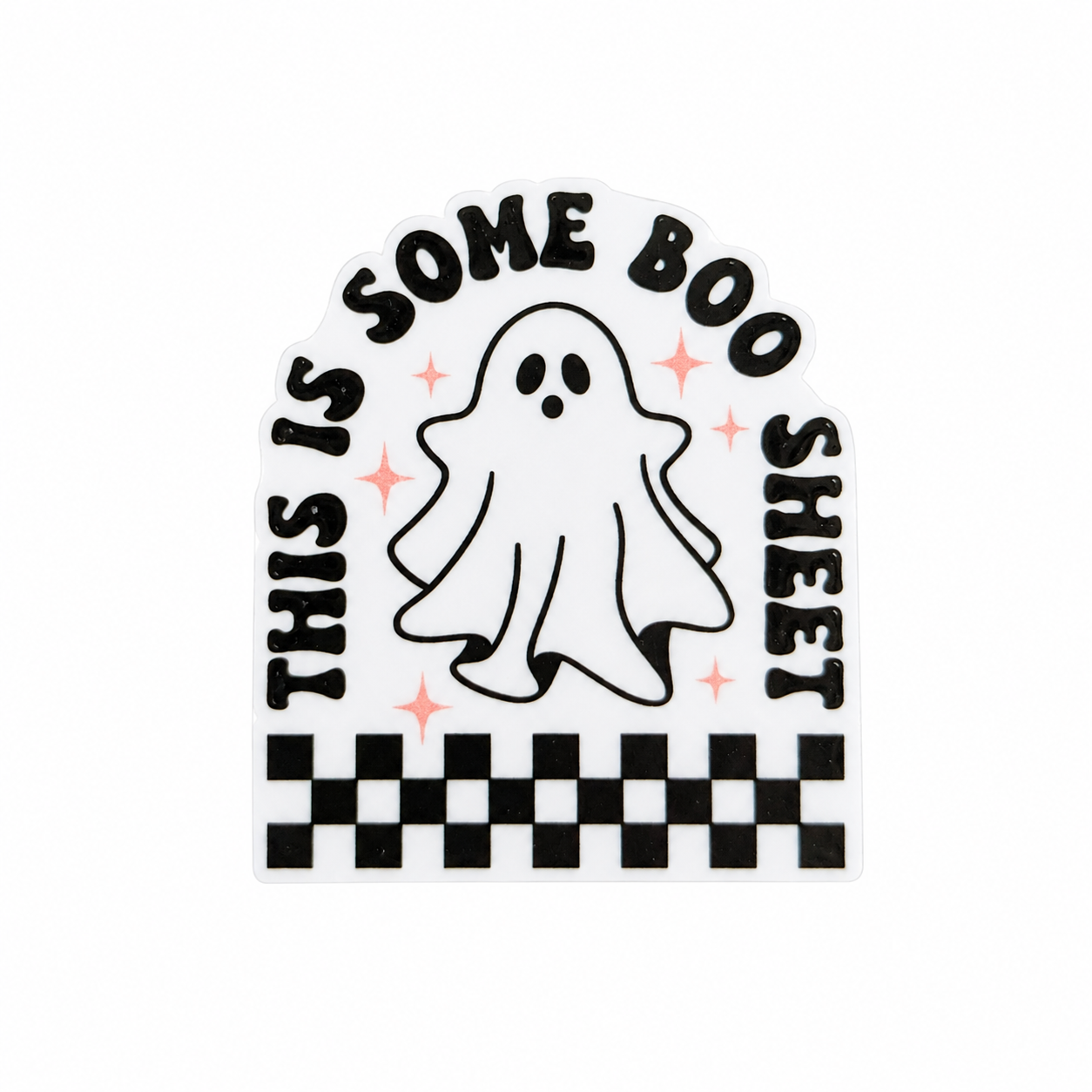 THIS IS SOME BOO SHEET plastic add-on featuring a cute ghost, pink stars, and checkerboard design, compatible with interchangeable badge reel bases and perfect for Halloween lovers.