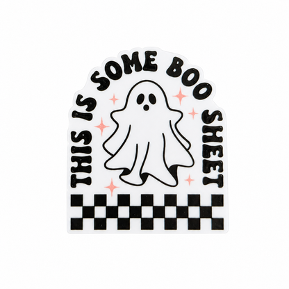 THIS IS SOME BOO SHEET plastic add-on featuring a cute ghost, pink stars, and checkerboard design, compatible with interchangeable badge reel bases and perfect for Halloween lovers.