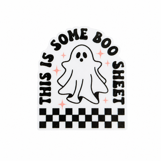 THIS IS SOME BOO SHEET plastic add-on featuring a cute ghost, pink stars, and checkerboard design, compatible with interchangeable badge reel bases and perfect for Halloween lovers.