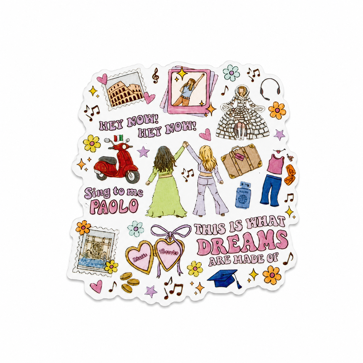 THIS IS WHAT DREAMS ARE MADE OF plastic add-on featuring retro Y2K inspired fashion, microphone, scooter, flowers, hearts, and music notes compatible with interchangeable badge reel bases