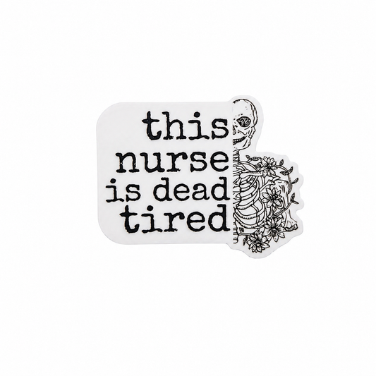 this nurse is dead tired plastic add-on featuring a floral skeleton rib cage design, compatible with interchangeable badge reel bases for nurses and healthcare workers.