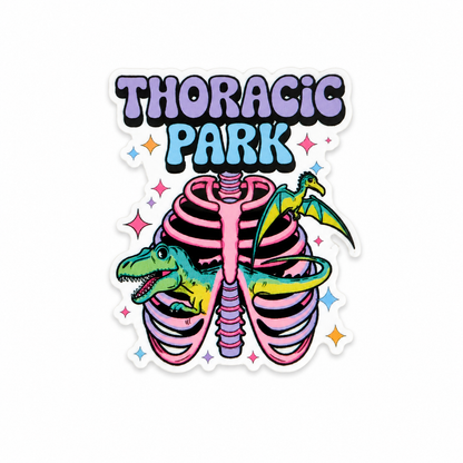 Thoracic Park plastic add-on featuring a colorful rib cage and dinosaur design, compatible with interchangeable badge reel bases and perfect as a respiratory therapist accessory, nurse badge accessory, and healthcare worker accessory