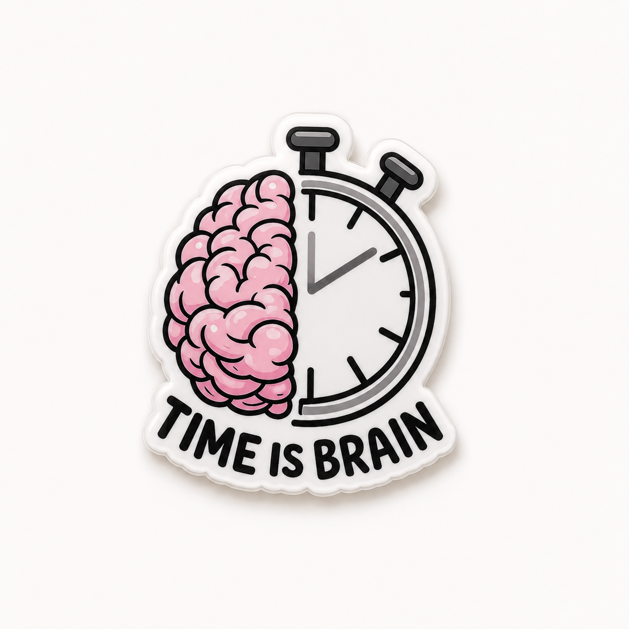 Time Is Brain plastic add-on for compatible interchangeable badge reel bases featuring a brain and stopwatch neuro medical design