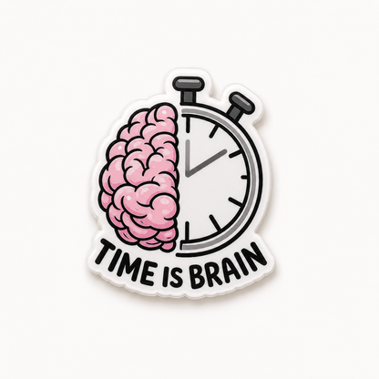 Time Is Brain plastic add-on for compatible interchangeable badge reel bases featuring a brain and stopwatch neuro medical design