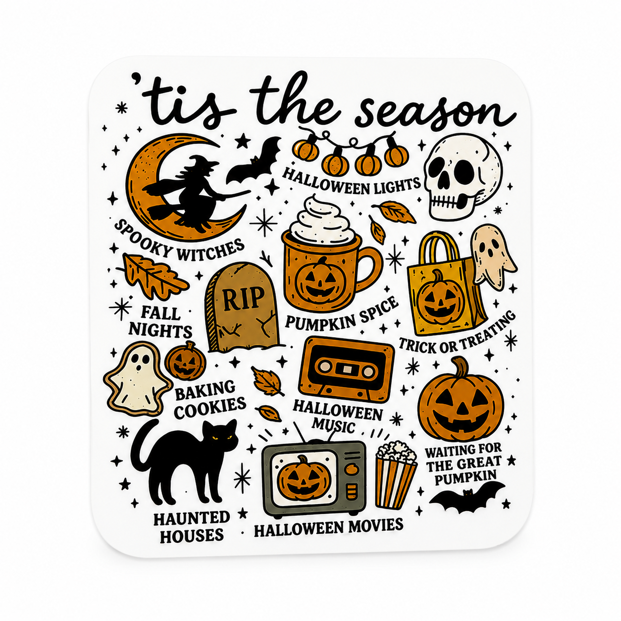 ’tis the season plastic add-on with Halloween icons, pumpkins, black cat, ghost, skull, and witch, compatible with interchangeable badge reel bases.