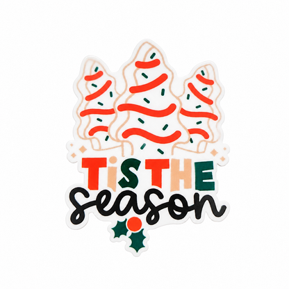 Tis the Season plastic add-on featuring three festive Christmas trees and holiday lettering, compatible with interchangeable badge reel bases.