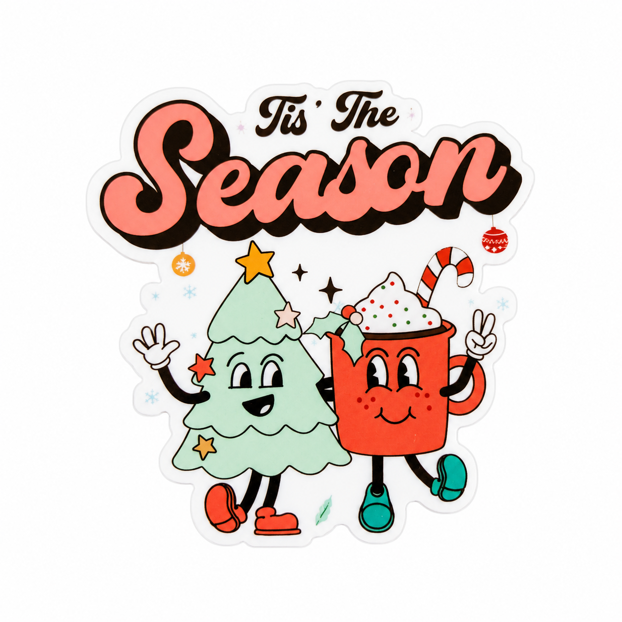 Tis The Season plastic add-on with smiling Christmas tree, holiday mug, candy cane, and stars, compatible with interchangeable badge reel bases.