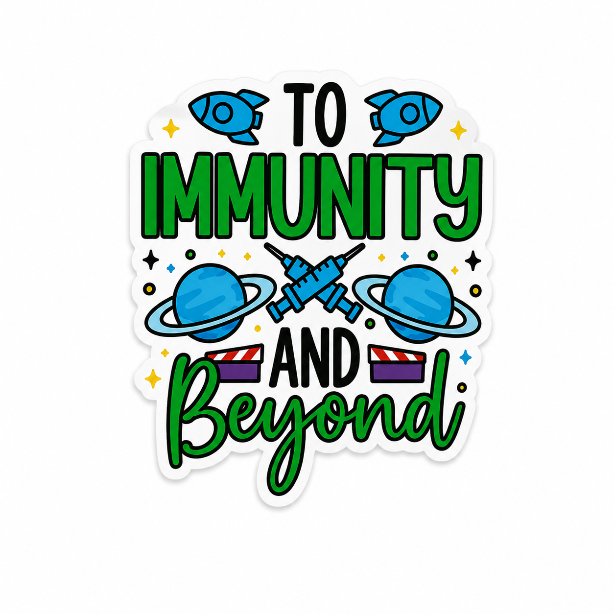 To Immunity and Beyond plastic add-on with rockets, planets, and syringe design for compatible interchangeable badge reel bases and healthcare worker accessories