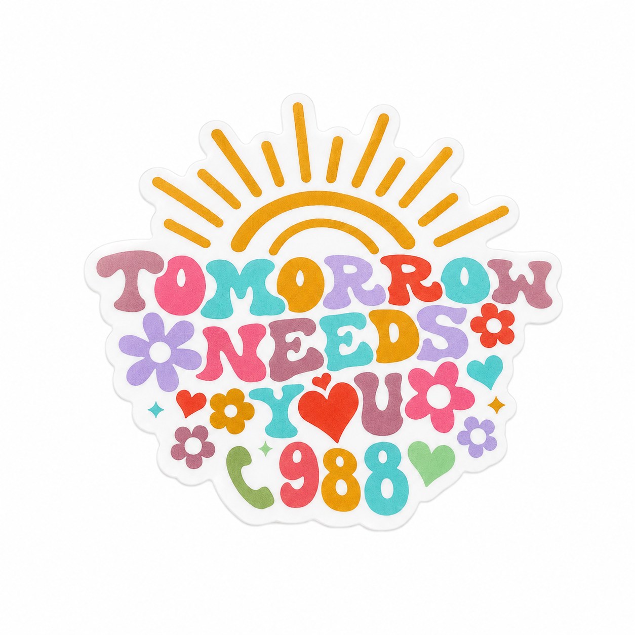 TOMORROW NEEDS YOU plastic add-on with colorful flowers, hearts, and sunrise, compatible with interchangeable badge reel bases.
