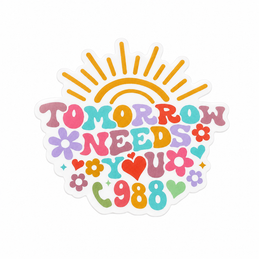 TOMORROW NEEDS YOU plastic add-on with colorful flowers, hearts, and sunrise, compatible with interchangeable badge reel bases.