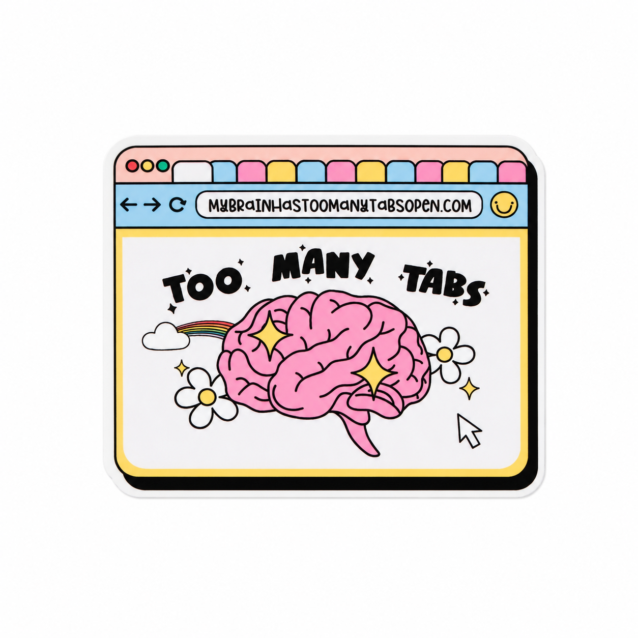 TOO MANY TABS plastic add-on with pink brain, browser tabs, rainbow, and flowers, compatible with interchangeable badge reel bases.