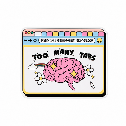 TOO MANY TABS plastic add-on with pink brain, browser tabs, rainbow, and flowers, compatible with interchangeable badge reel bases.