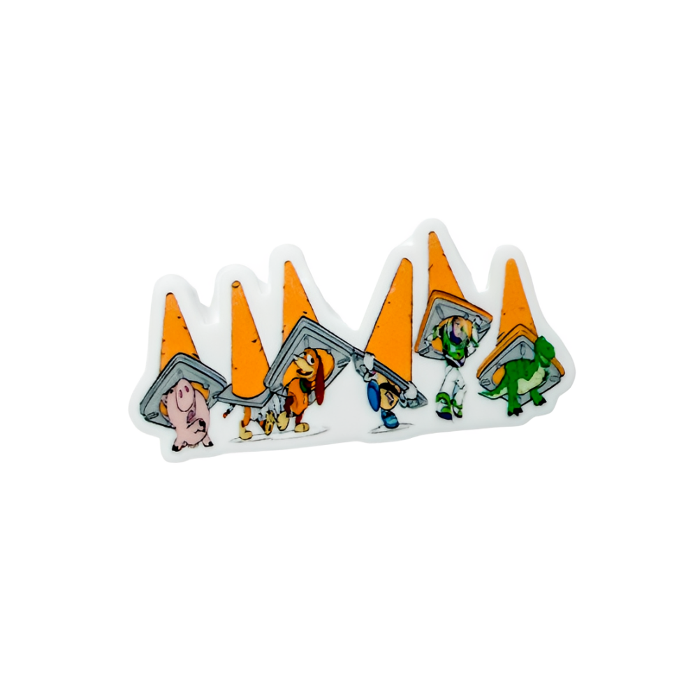 Toy Story Gang inspired ID badge charm featuring toy characters peeking from behind colorful traffic cones compatible with Badge Beauties adapters