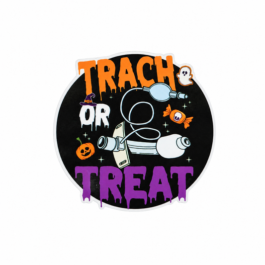 TRACH OR TREAT plastic add-on featuring a tracheostomy setup with Halloween pumpkins, candy, and ghosts, compatible with interchangeable badge reel bases for respiratory therapists.