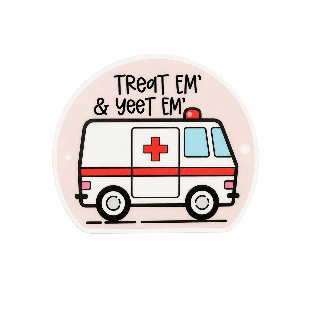 Treat Em' & Yeet Em' plastic add-on featuring a cute ambulance, compatible with interchangeable badge reel bases for EMS, EMTs, and paramedics.