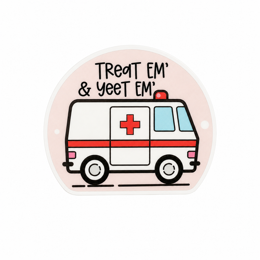 Treat Em' & Yeet Em' plastic add-on featuring a cute ambulance, compatible with interchangeable badge reel bases for EMS, EMTs, and paramedics.