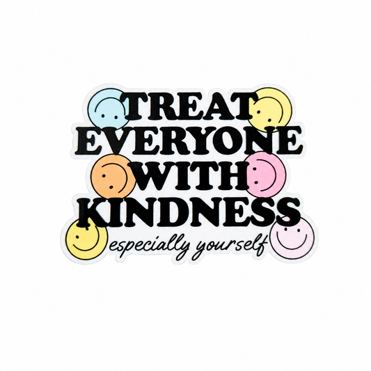 TREAT EVERYONE WITH KINDNESS especially yourself plastic add-on featuring colorful smiley faces, compatible with interchangeable badge reel bases, positive mental health accessory
