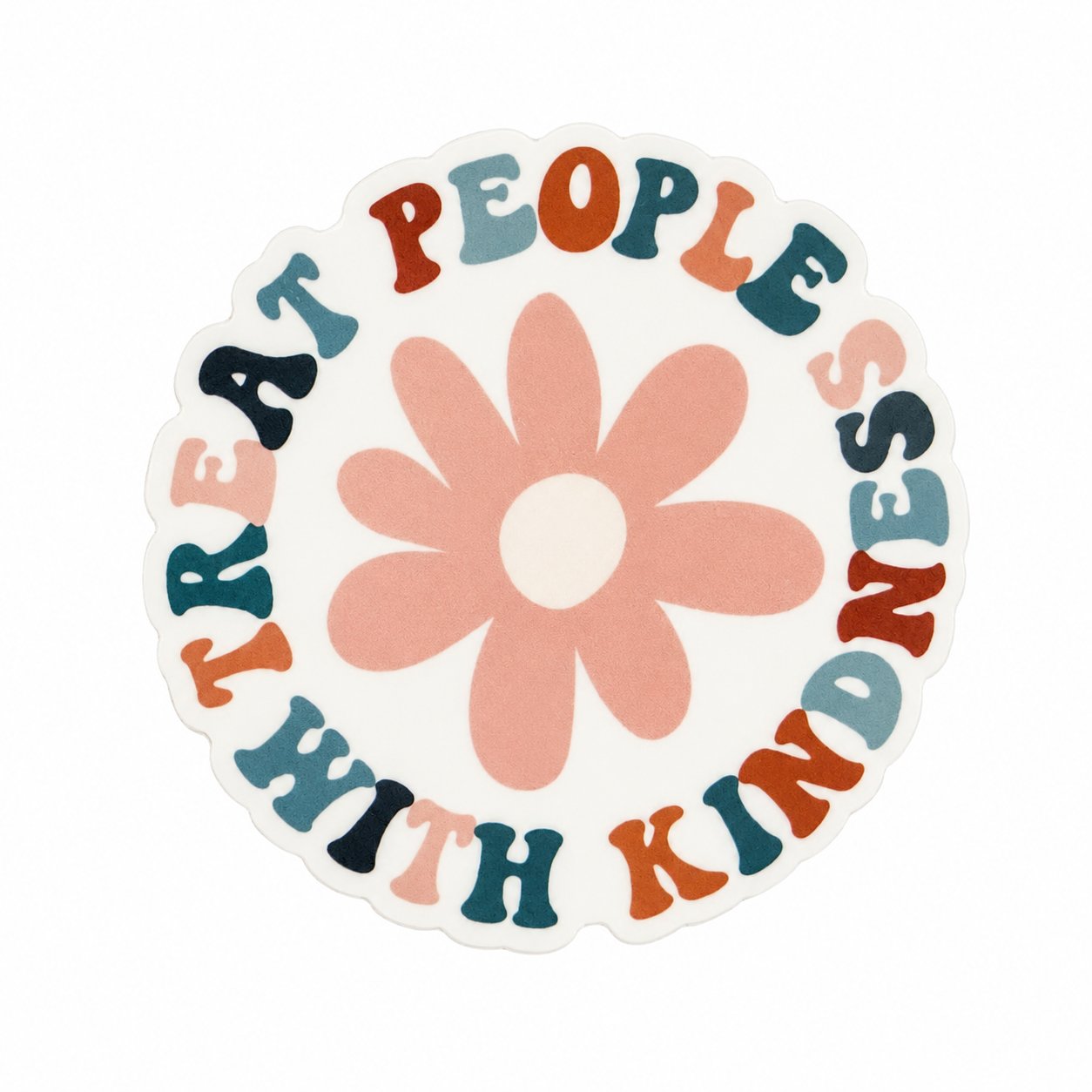 TREAT PEOPLE WITH KINDNESS plastic add-on with pink flower and colorful retro lettering, compatible with interchangeable badge reel bases.