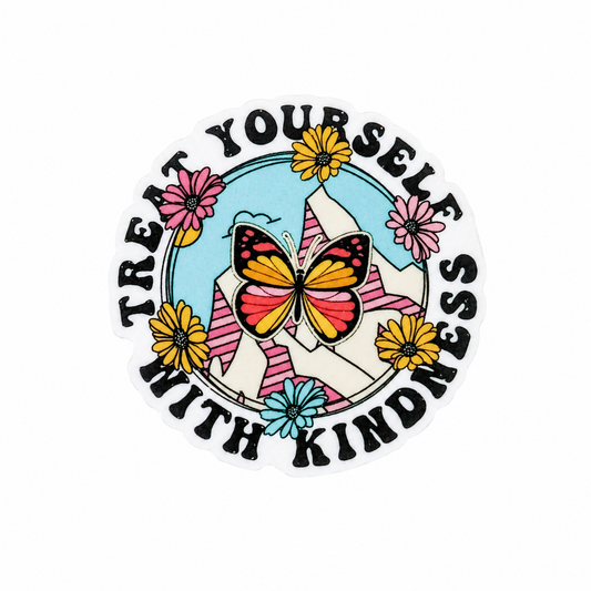 Treat Yourself With Kindness plastic add-on with butterfly, flowers, and mountain design, compatible with interchangeable badge reel bases, positive mental health accessory.