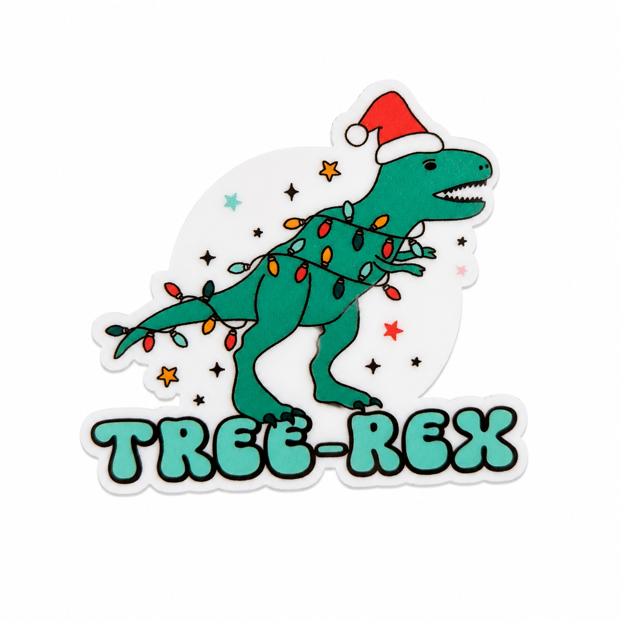 TREE-REX plastic add-on with Christmas dinosaur, Santa hat, and lights, compatible with interchangeable badge reel bases, pediatric Christmas nurse badge accessory.