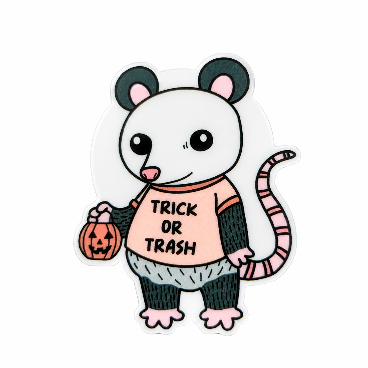 TRICK OR TRASH plastic add-on featuring a cute opossum holding a jack-o'-lantern bucket, compatible with interchangeable badge reel bases, funny Halloween animal accessory
