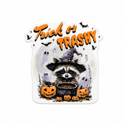 Trick or TRASHY plastic add-on featuring a witch raccoon with pumpkins, ghosts, and bats compatible with interchangeable badge reel bases