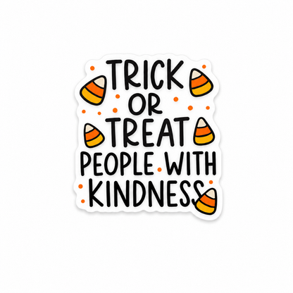 “Trick or Treat People With Kindness” plastic add-on with candy corn Halloween design compatible with interchangeable badge reel bases