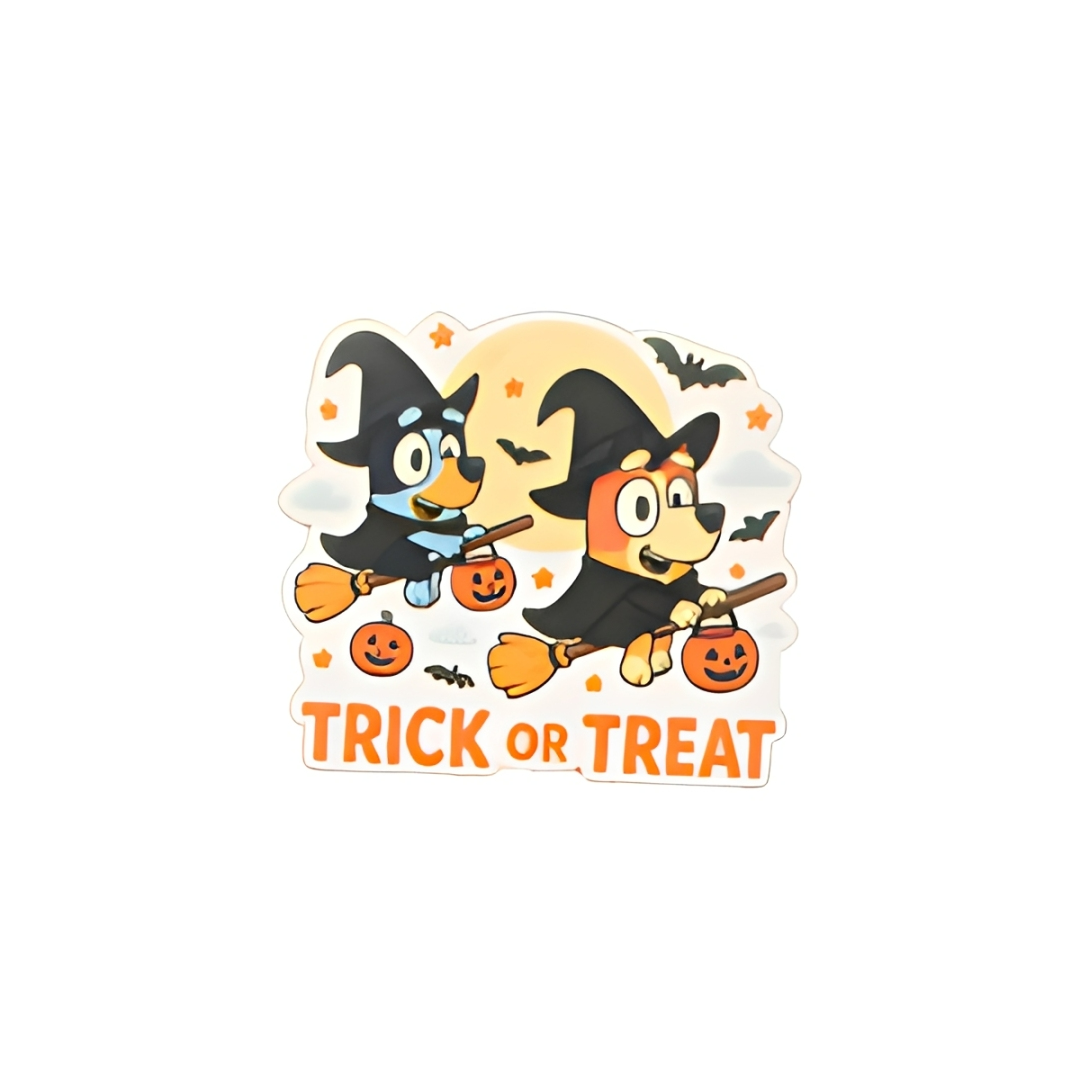 Trick or Treat plastic add-on with cartoon witch puppy friends, pumpkins, bats, and spooky Halloween details compatible with interchangeable badge reel bases