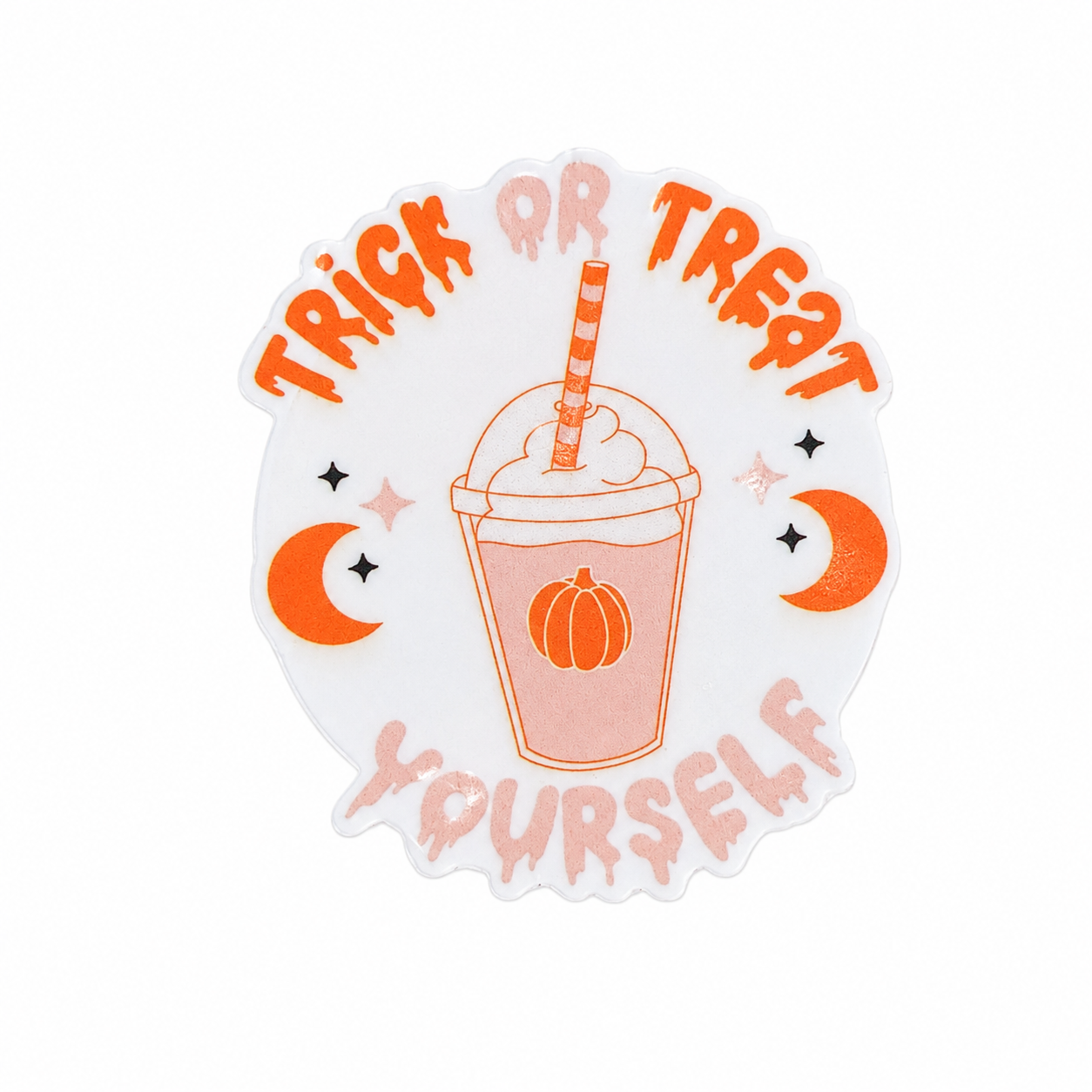 Trick Or Treat Yourself plastic add-on featuring a pumpkin coffee drink, crescent moons, and Halloween accents, compatible with interchangeable badge reel bases for coffee lovers and spooky season fans.