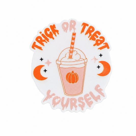 Trick Or Treat Yourself plastic add-on featuring a pumpkin coffee drink, crescent moons, and Halloween accents, compatible with interchangeable badge reel bases for coffee lovers and spooky season fans.