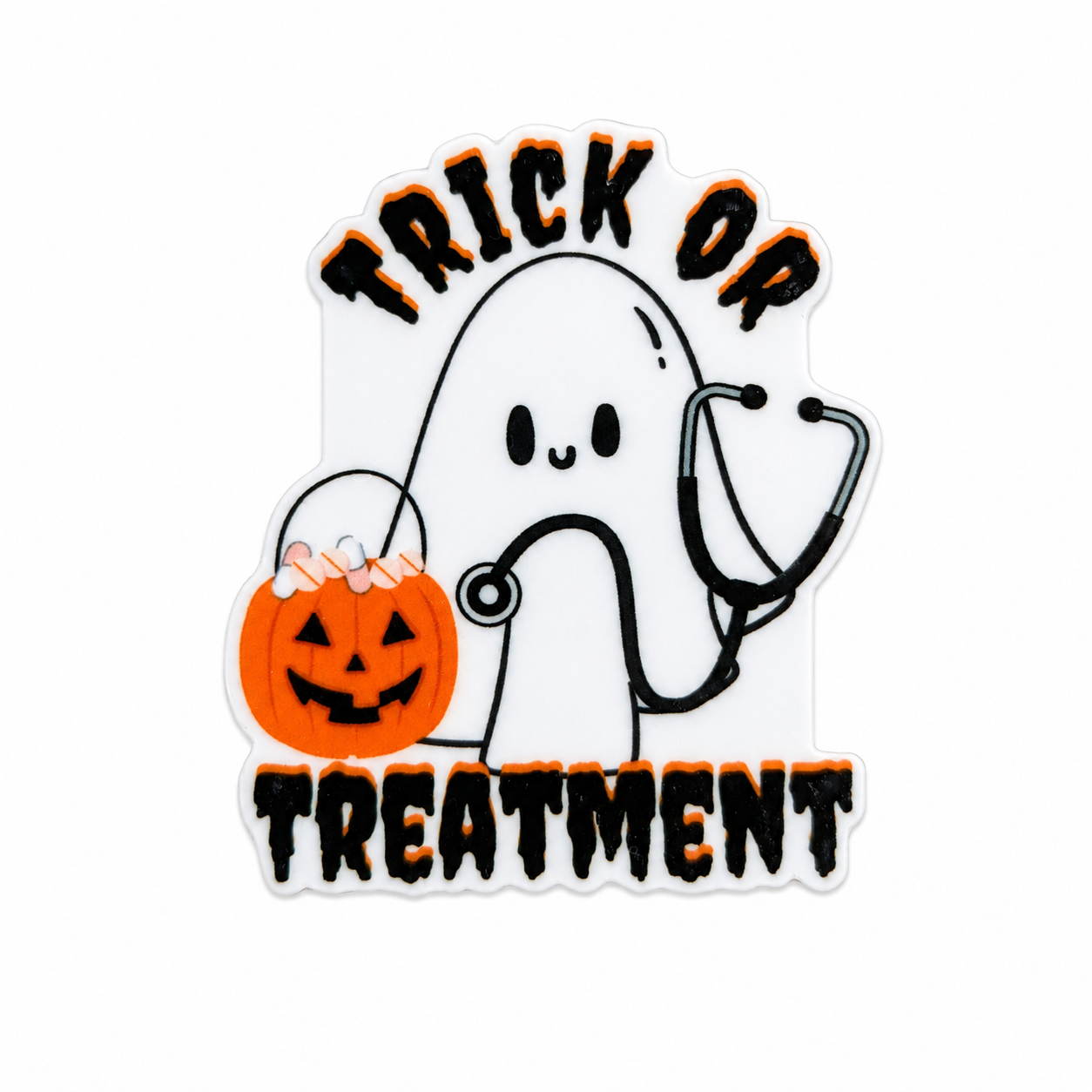 TRICK OR TREATMENT plastic add-on featuring a cute ghost with a stethoscope and pumpkin candy bucket, compatible with interchangeable badge reel bases, perfect for nurses and healthcare workers during Halloween