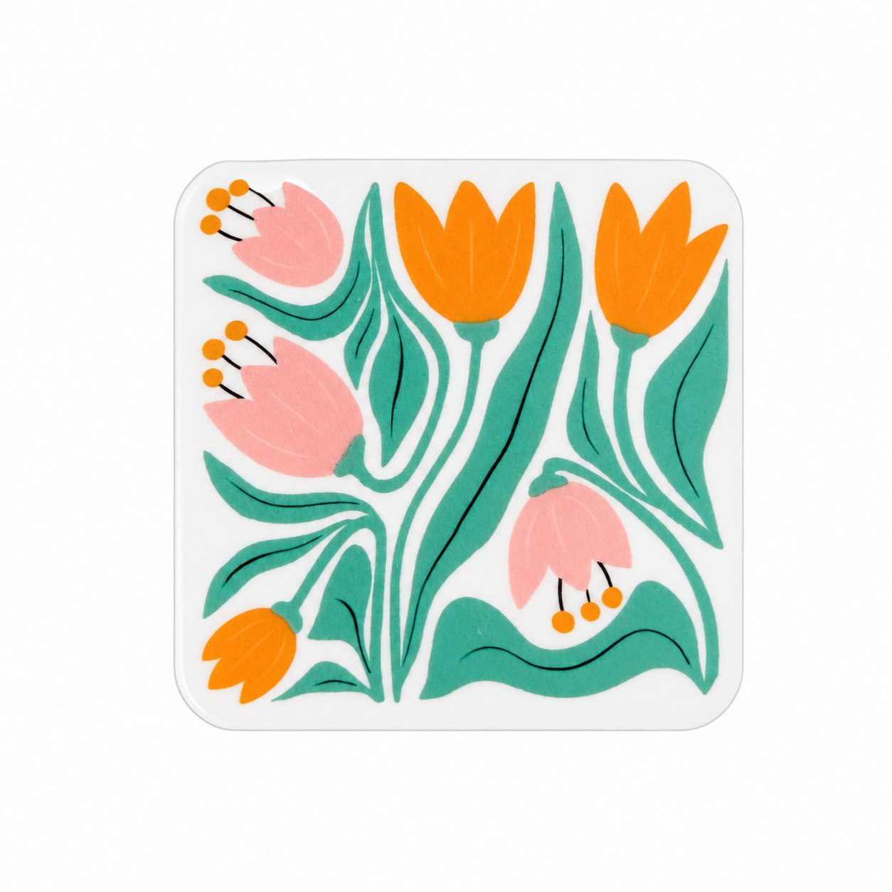 Tulip Floral plastic add-on with orange and pink tulips and teal leaves, compatible with interchangeable badge reel bases for a cute flower accessory.