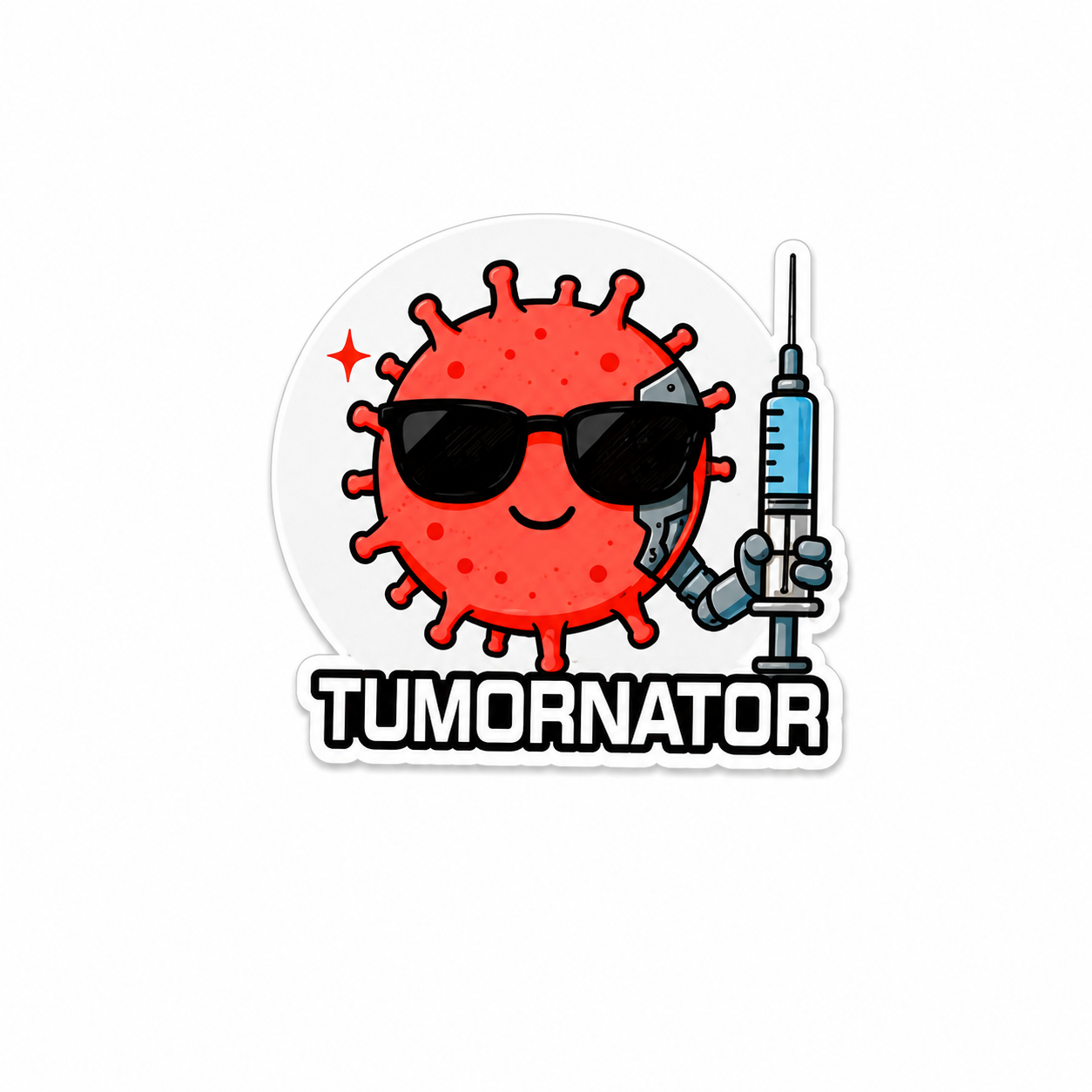 Tumornator cancer awareness plastic add-on with cool red tumor character, sunglasses, and syringe design, made as an oncology healthcare accessory compatible with interchangeable badge reel bases