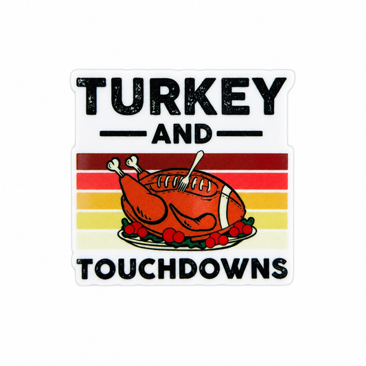Plastic add-on featuring the phrase "TURKEY AND TOUCHDOWNS" with a football-themed Thanksgiving turkey, compatible with interchangeable badge reel bases and perfect for football fans.
