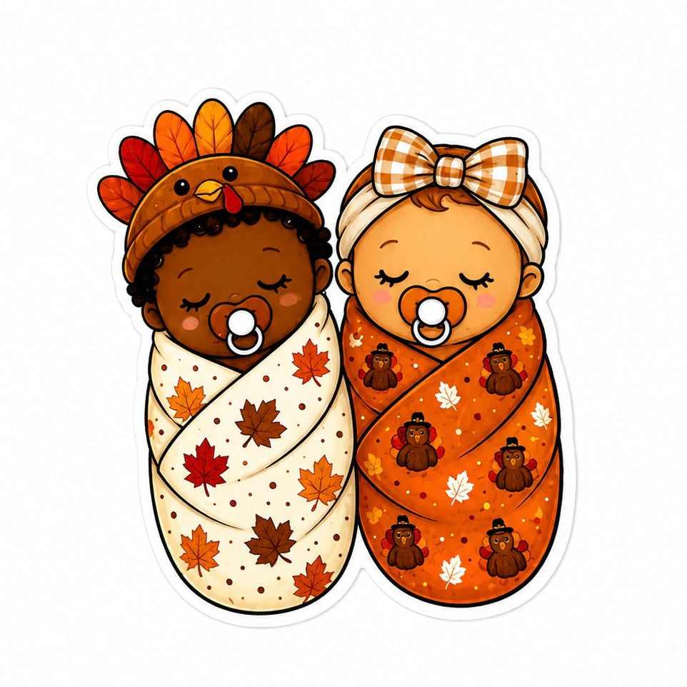 Turkey baby twins plastic add-on featuring two sleeping newborn babies in Thanksgiving-themed swaddles, compatible with interchangeable badge reel bases for NICU and labor delivery staff.