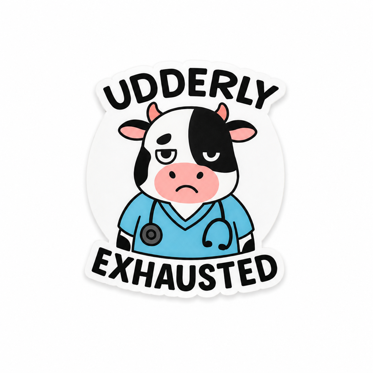 Udderly Exhausted cow plastic add-on featuring tired cow in scrubs with stethoscope compatible with interchangeable badge reel bases for nurses and healthcare workers