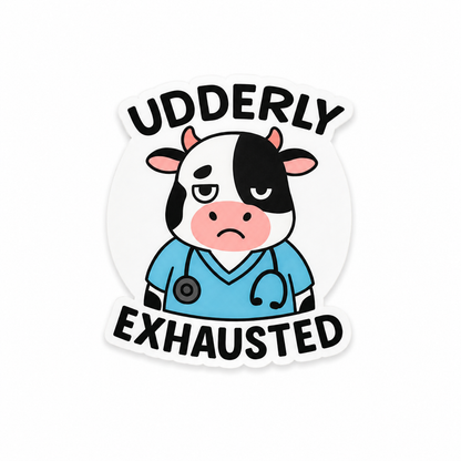 Udderly Exhausted cow plastic add-on featuring tired cow in scrubs with stethoscope compatible with interchangeable badge reel bases for nurses and healthcare workers
