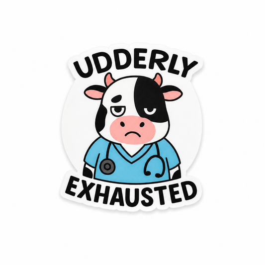 Udderly Exhausted cow plastic add-on featuring tired cow in scrubs with stethoscope compatible with interchangeable badge reel bases for nurses and healthcare workers