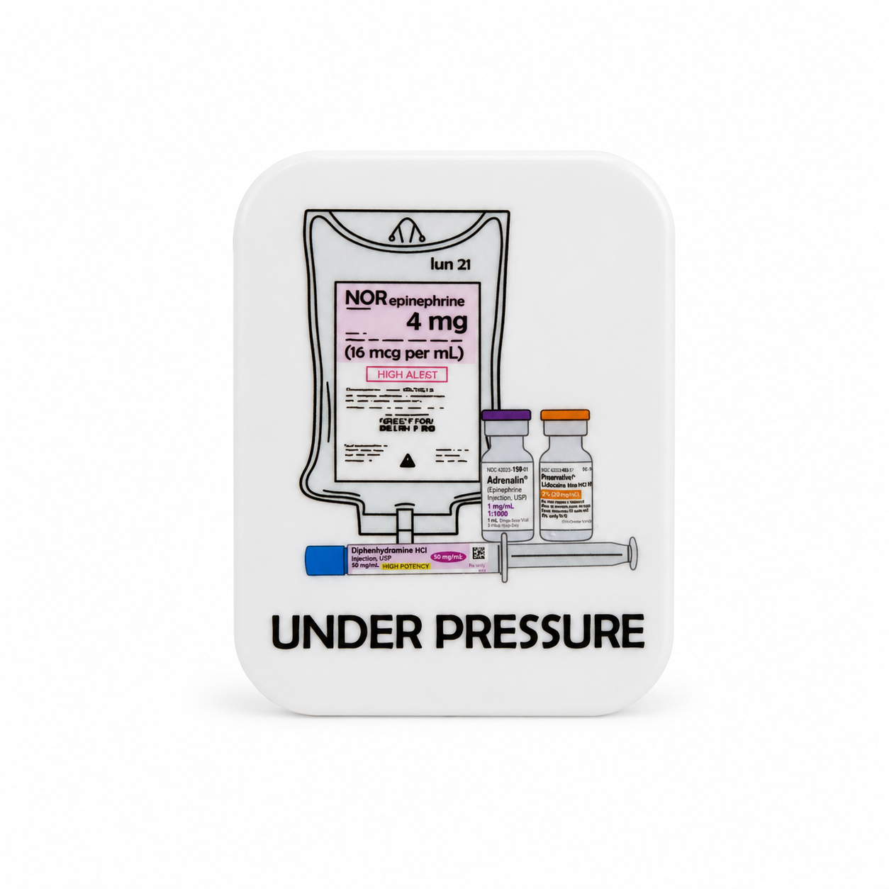 Under Pressure plastic add-on featuring a norepinephrine IV bag, medication vials, and syringe, compatible with interchangeable badge reel bases for ICU and ER nurses.