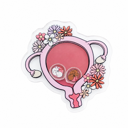 Uterus plastic shaker add-on featuring pink flowers and reproductive health design, compatible with interchangeable badge reel bases, women's health accessory