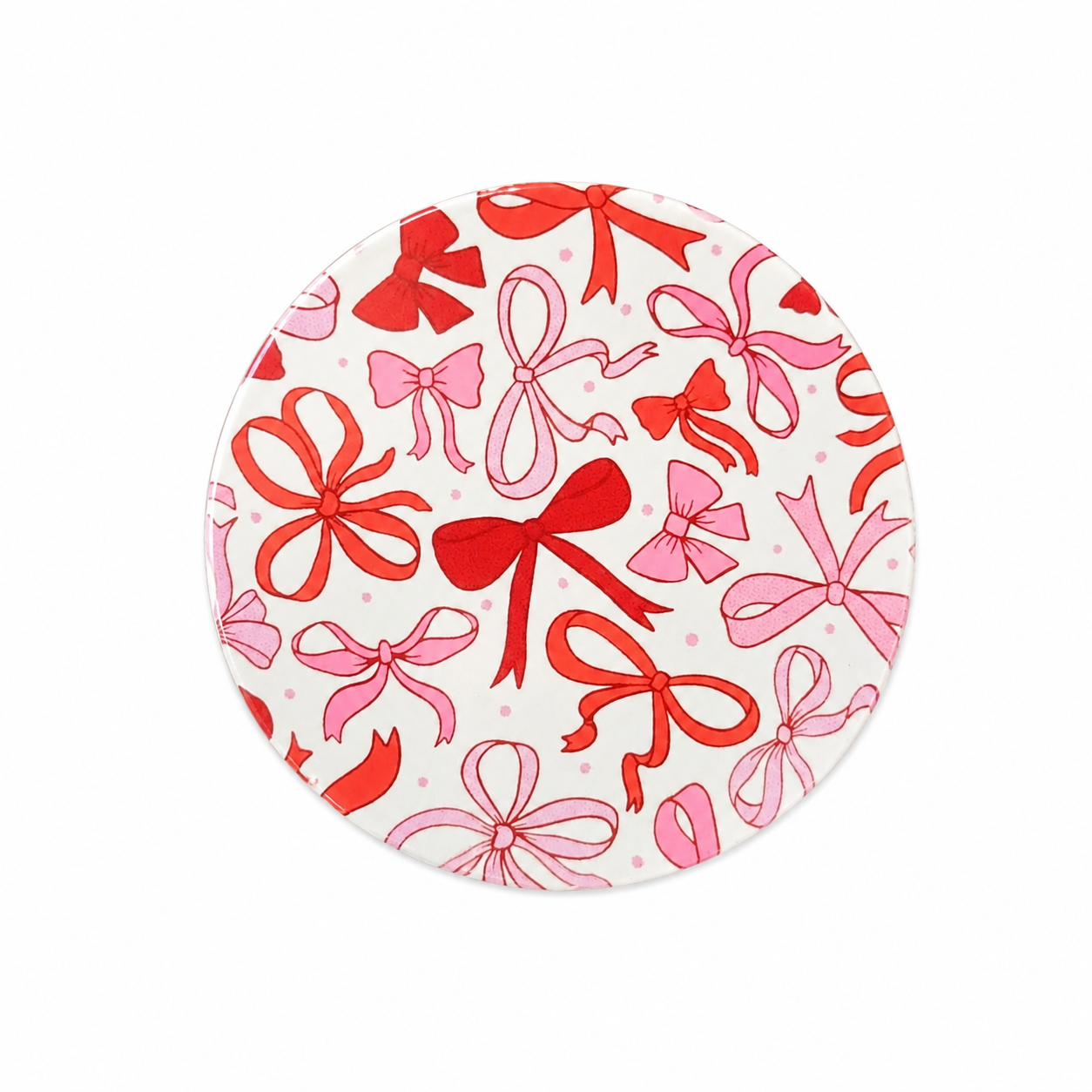 Valentine Bows hard board add-on featuring red and pink ribbon bows compatible with interchangeable badge reel bases for a cute coquette work accessory.