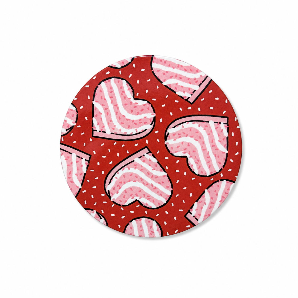 Valentine heart hard board add-on featuring pink-and-white striped hearts on a red background, compatible with interchangeable badge reel bases.