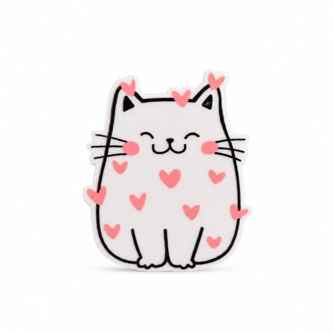 Valentine cat plastic add-on with a cute gray cat, rosy cheeks, and pink hearts, compatible with interchangeable badge reel bases for cat lovers.